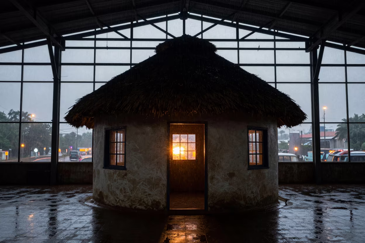 Silhouetted Mud Hut in Restored Train Terminal in inside a restored train terminal in Jalingo