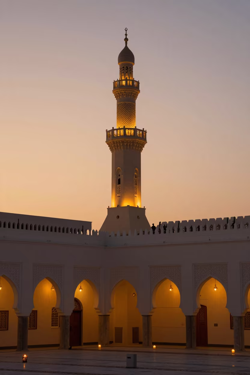 Silhouetted Muezzin in Amber Sunset Light in inside a candlelit nave in Dubai