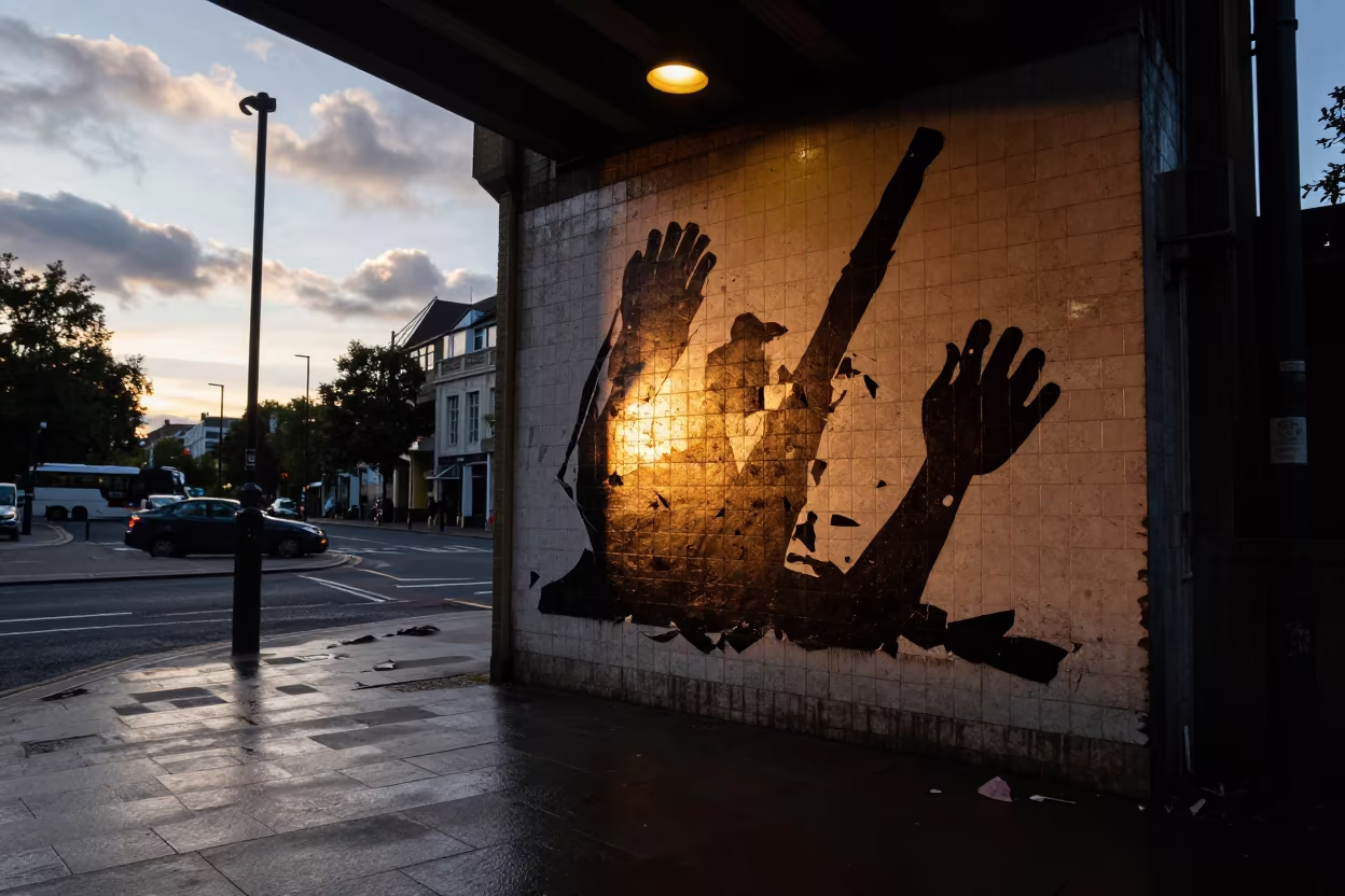 Silhouetted Mural Decay Under Westminster Sunset in beneath a flickering underpass light in City of Westminster