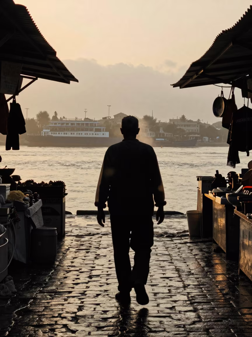 Silhouetted Muralist in Tripoli Market After Rain in near a riverside landing in Tripoli