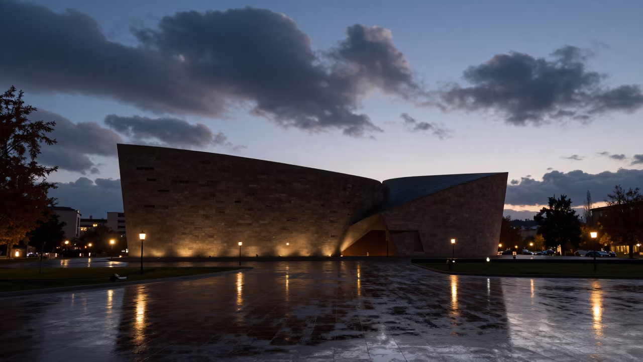 Silhouetted Museum Facade in Siirt Lantern Temple in in a lantern-lined temple precinct in Siirt