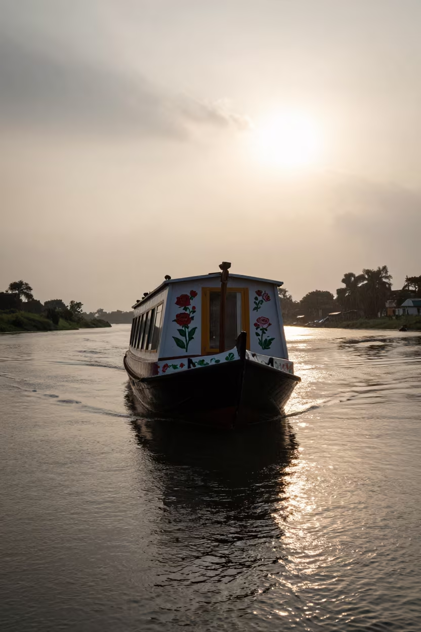 Silhouetted Narrowboat with Roses on Switchback Path in along a switchback approach in Uttar Pradesh