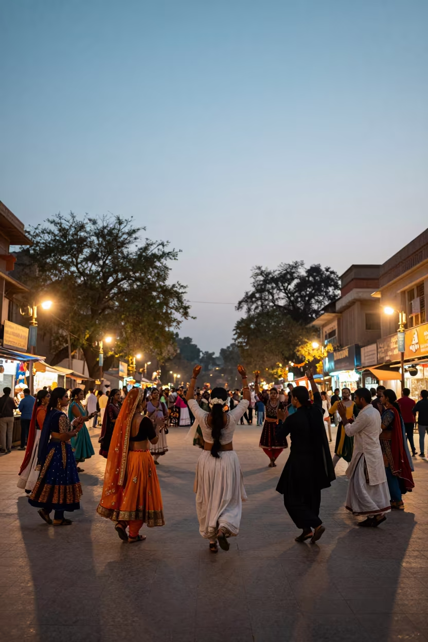Silhouetted Navratri Garba Circle at Delhi Night Market in at a night market in Connaught Place, Delhi