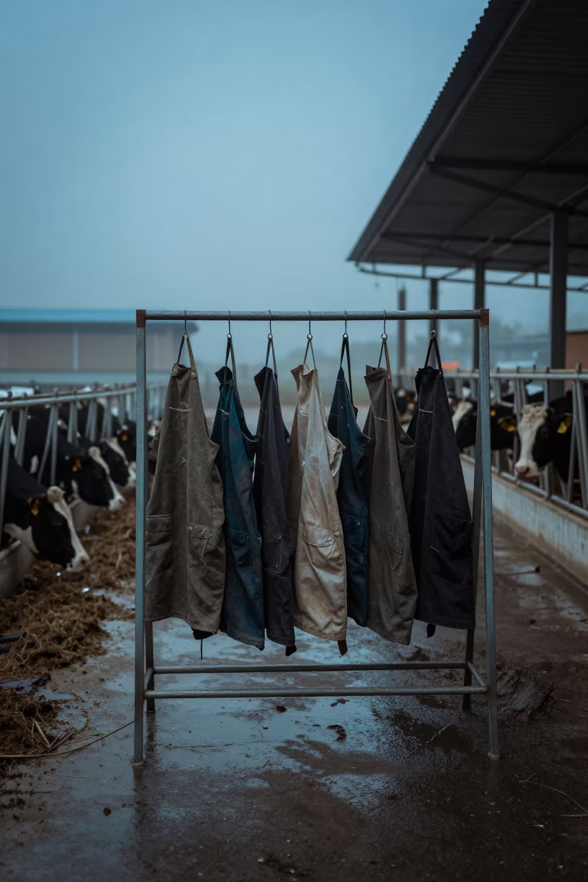Silhouetted Necropsy Apron Rack in Yunnan Feedlot in along a feedlot lane in Yunnan