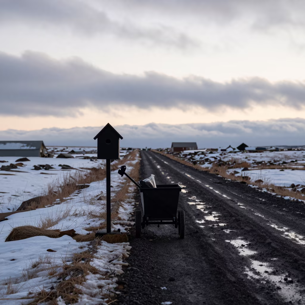 Silhouetted Nest Box Cart in Icelandic Feedlot in along a feedlot lane in Iceland