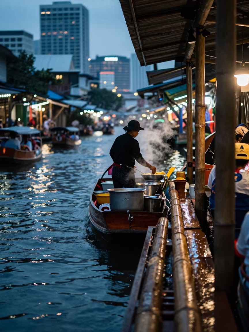 Silhouetted Noodle Soup Boat at Bangkok Floating Market in at a floating market boat in Bangkok