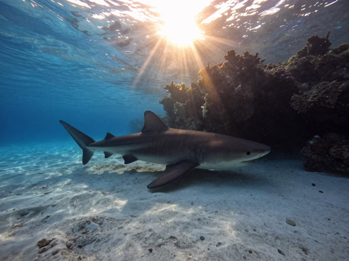 Silhouetted Nurse Shark at Stone Town Reef Ledge in beside a reef crevice under clear water near Stone Town