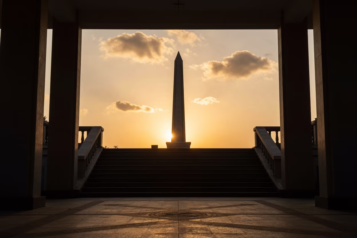 Silhouetted Obelisk in Tiled Xining Stair Hall Sunset in inside a tiled stair hall in Xining