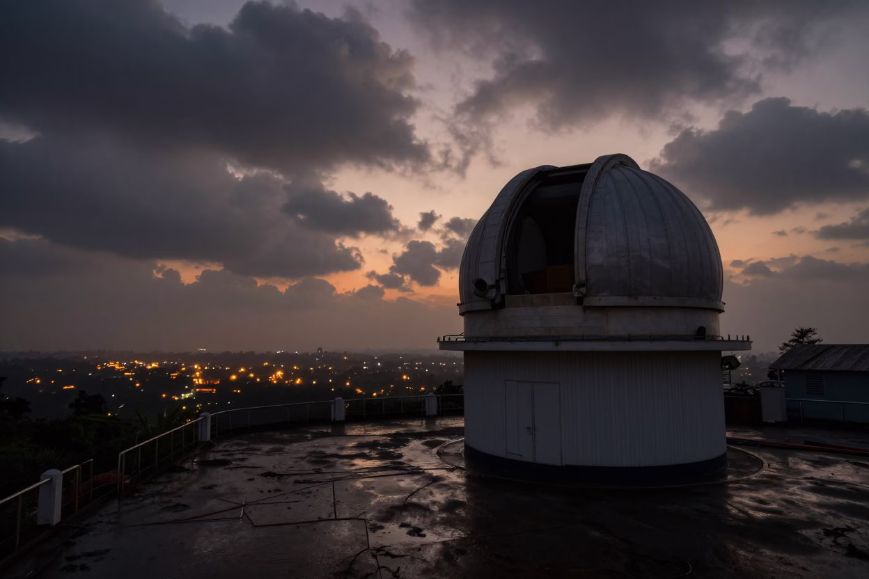 Silhouetted Observatory Dome at Rainy Twilight in on a wind-scoured research platform near Mumbai