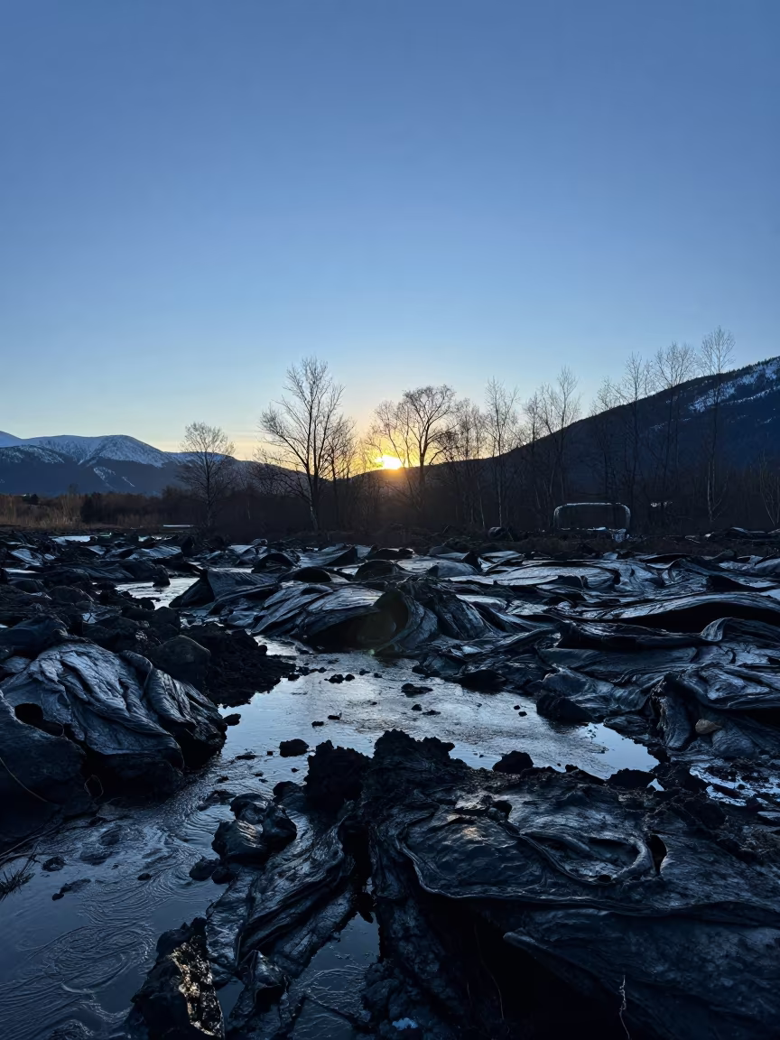 Silhouetted Obsidian Lava Flow Winter Floodplain in across a floodplain after rain in British Columbia