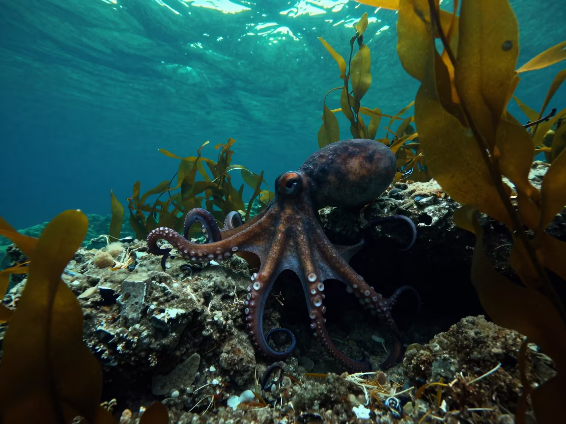 Silhouetted Octopus in Dalmatian Kelp Den in along a kelp-fringed shelf in Dalmatia