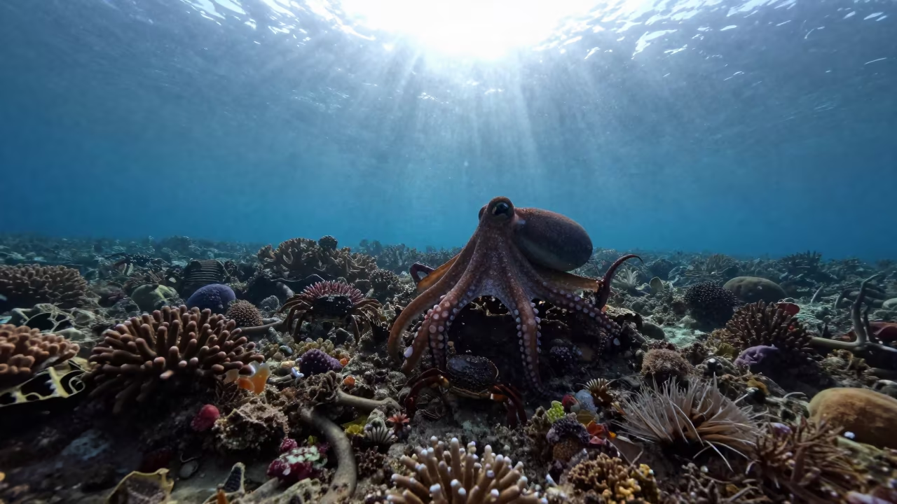 Silhouetted Octopus Hunting Crabs on Coral in beside a reef crevice under clear water near Denpasar