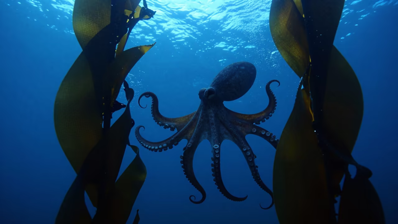 Silhouetted Octopus Hunting in Oregon Kelp in through a forest of kelp fronds in Oregon