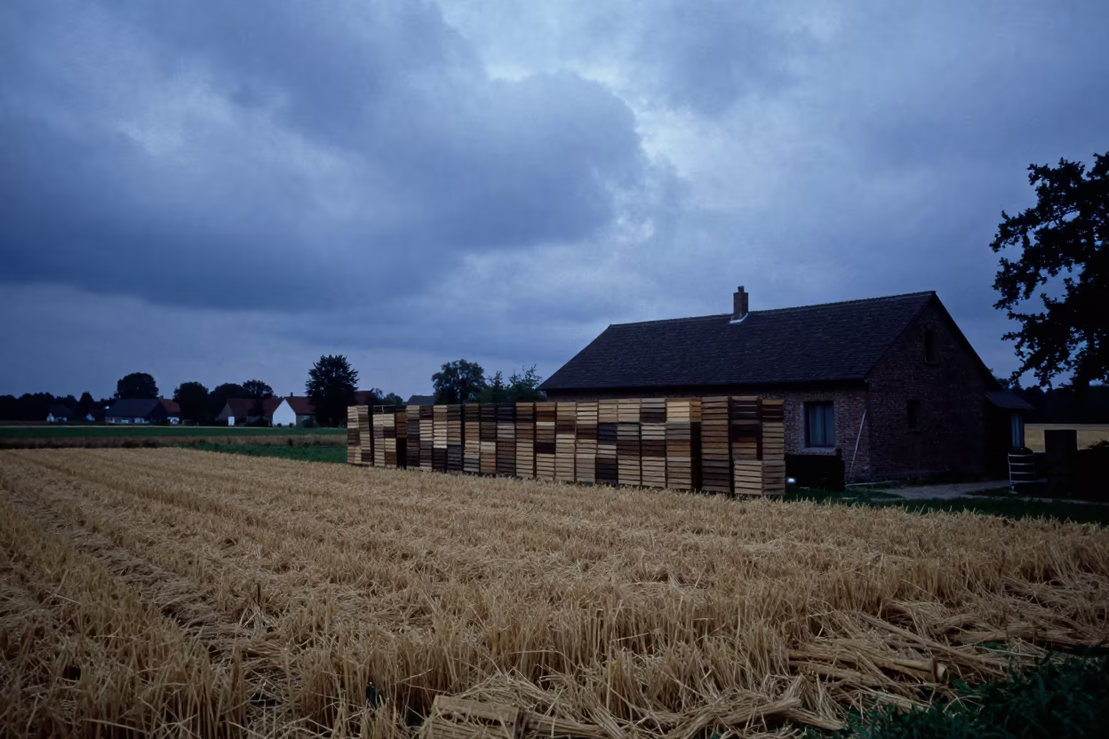 Silhouetted Olive Crates Against Belgian Twilight in across a harvested grain field in Belgium