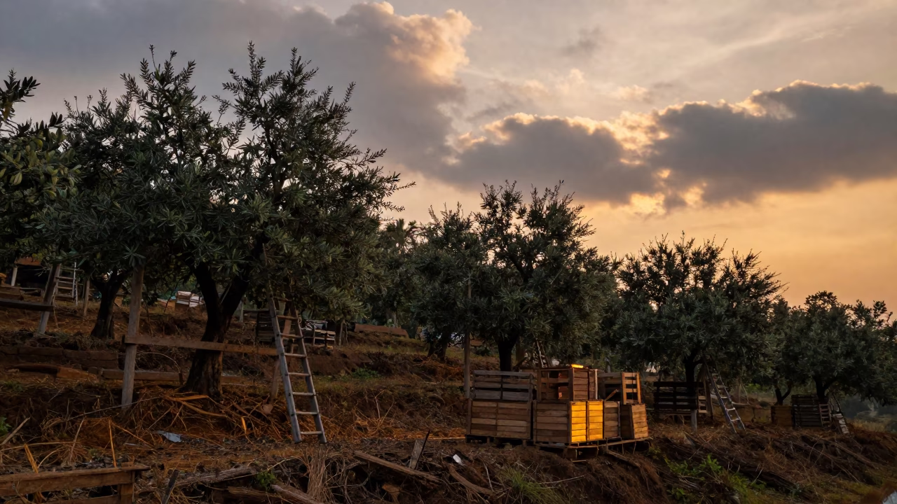 Silhouetted Olive Grove at Sunset in Kerala in among orchard ladders and crates in Kerala