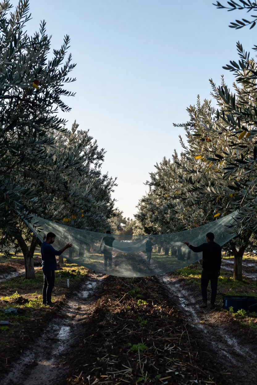 Silhouetted Olive Pickers Spread Nets in Autumn Dawn in beside a tractor track through dark soil in Tajikistan