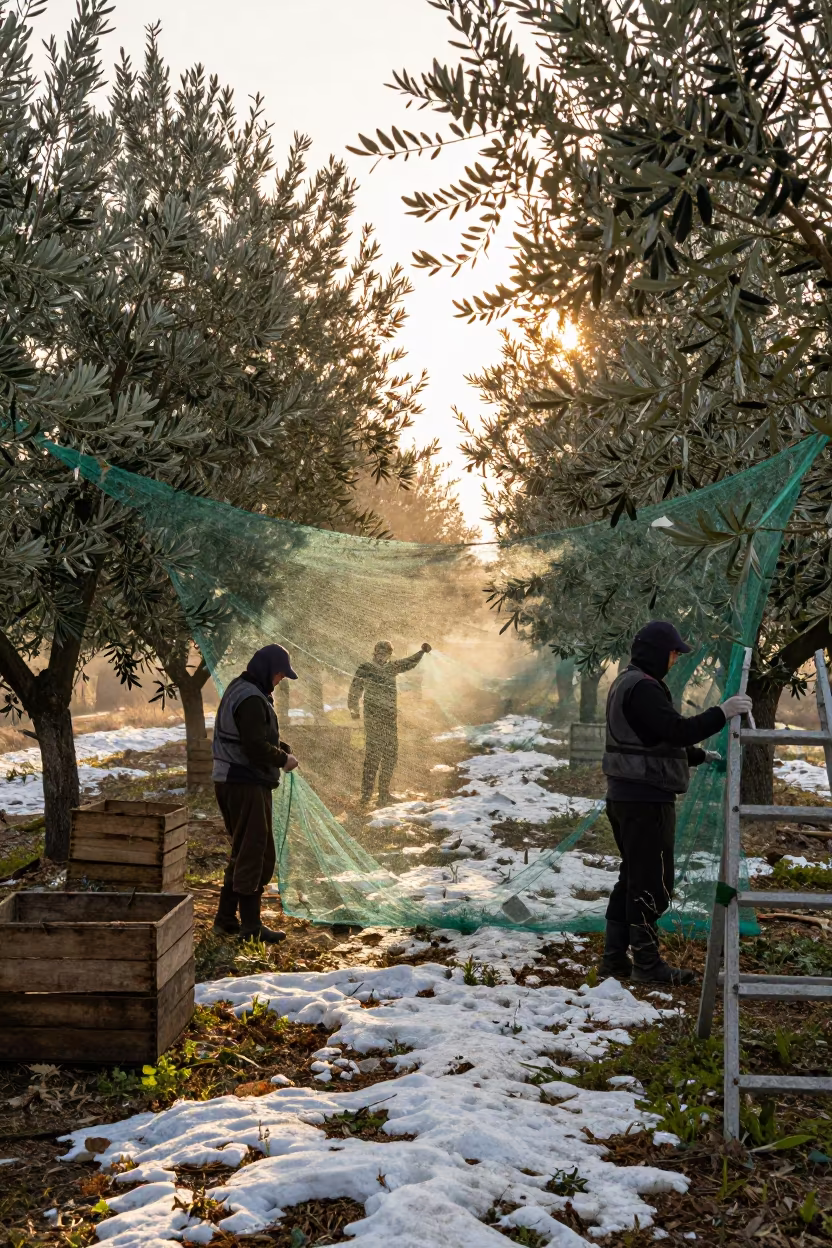 Silhouetted Olive Pickers Spread Nets Under Golden Light in among orchard ladders and crates in Russia