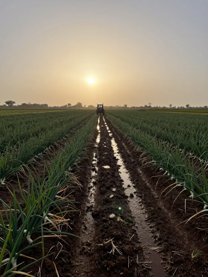 Silhouetted Onion Fields After Monsoon Rain in Guinea in beside a tractor track through dark soil in Guinea