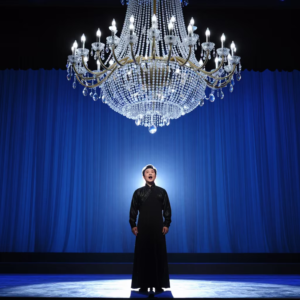 Silhouetted Opera Singer Under Crystal Chandelier in on a theater stage in Zhengzhou
