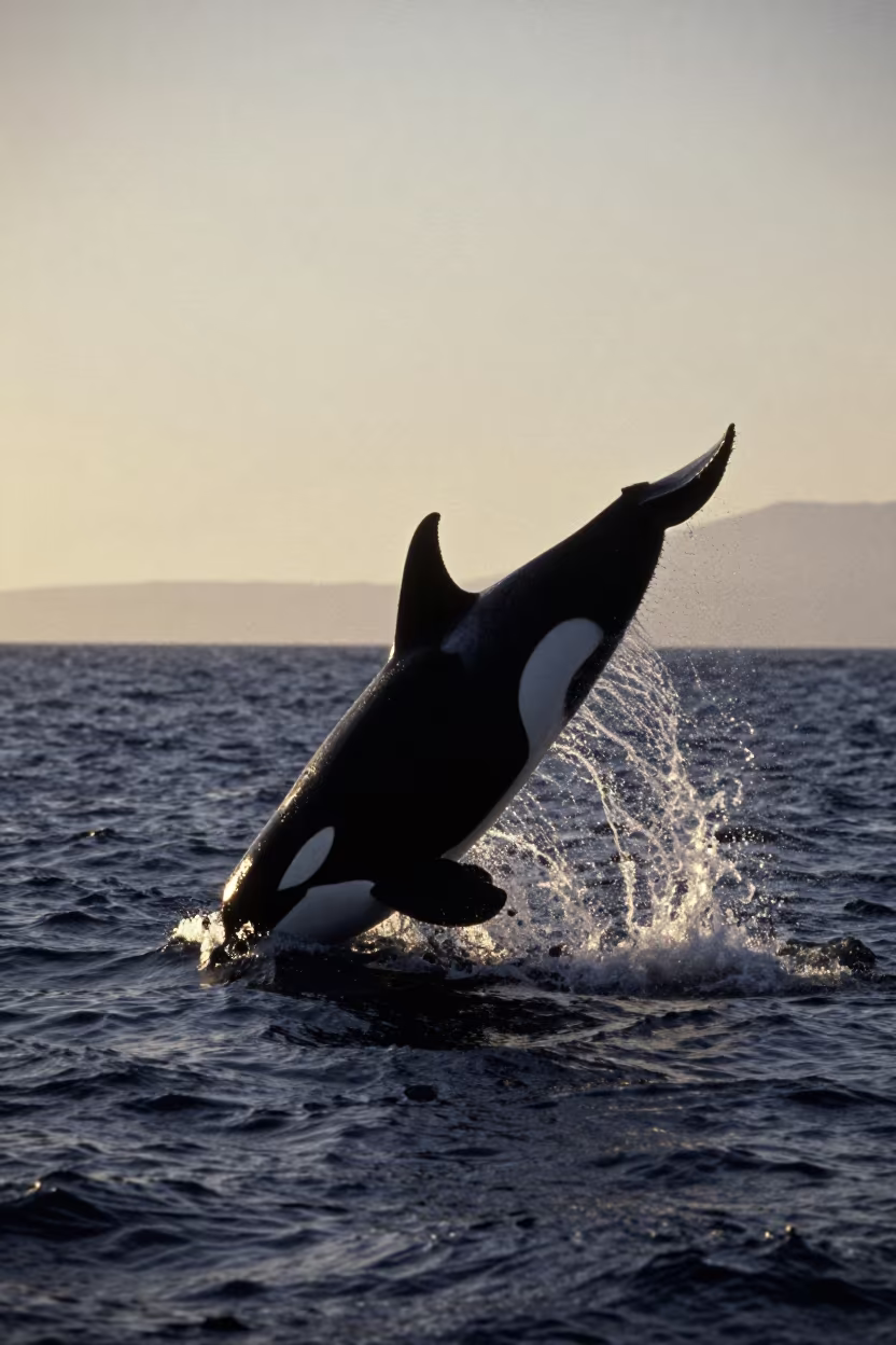 Silhouetted Orca Breaching at Dawn Near Essaouira in near Mellah, Essaouira
