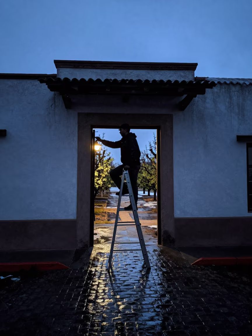 Silhouetted Orchard Worker Under Blue Hour Streetlight in in the old quarter in El Paso