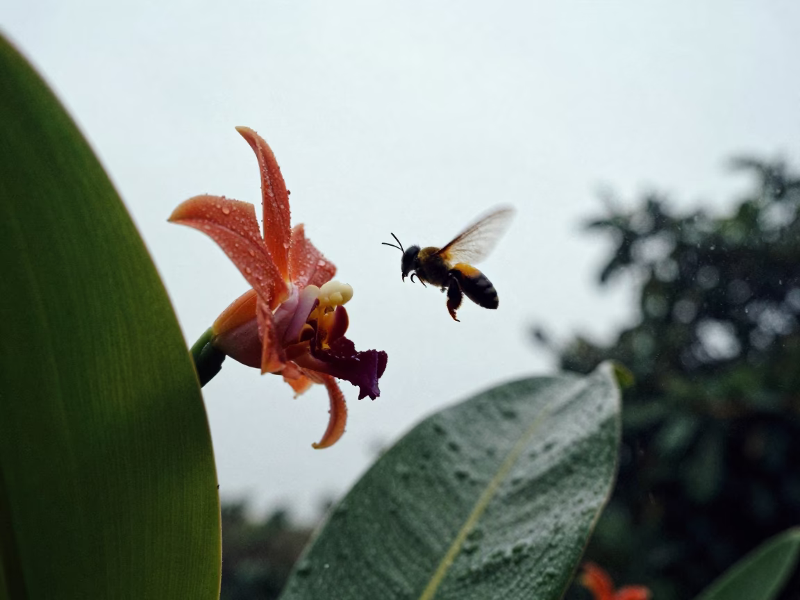 Silhouetted Orchid Bee Hovering Tropical Flower in along a game trail near Binh Thanh, Ho Chi Minh City