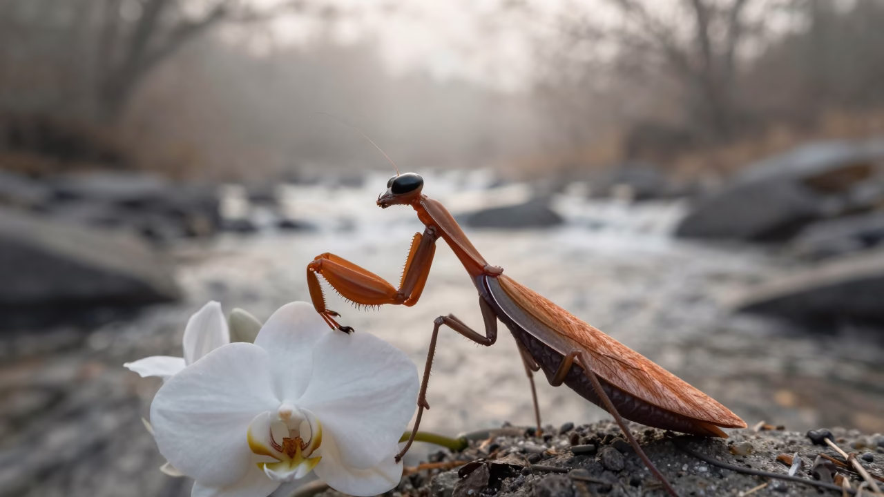 Silhouetted Orchid Mantis on White Flower in above a glacial stream near Cholon, Ho Chi Minh City