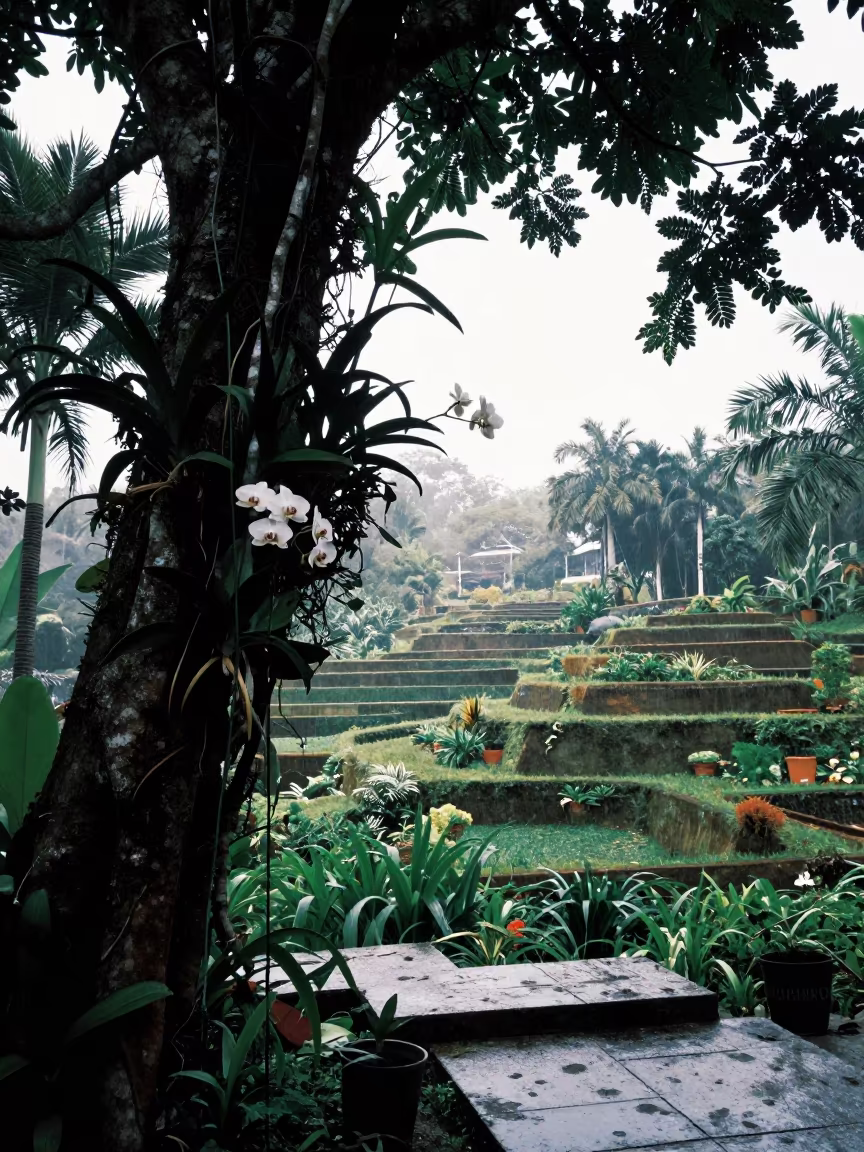 Silhouetted Orchid on Tree in Thai Garden in among terraced garden plots near Phuket