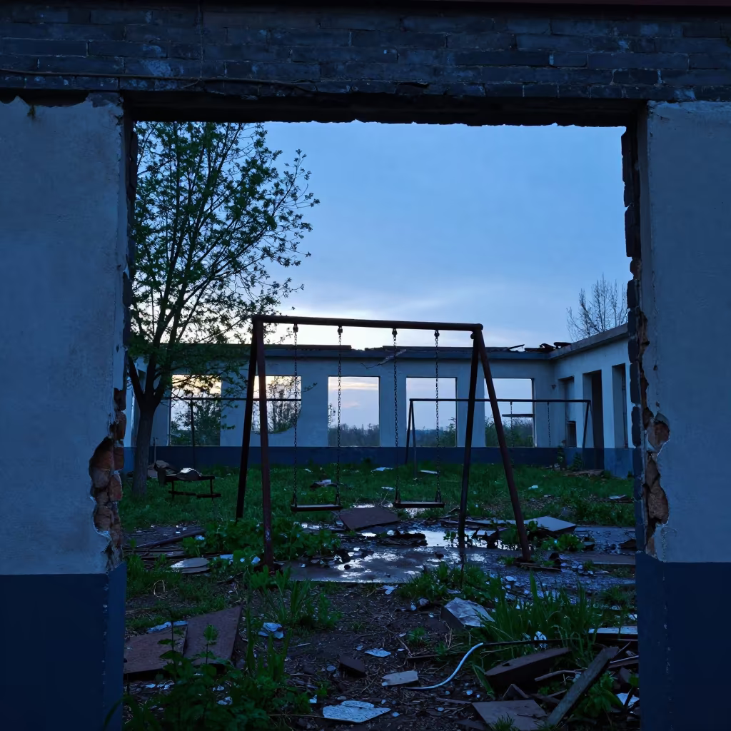 Silhouetted Orphanage Ruins and Rusted Swing in Hebei in among collapsed cloisters in Hebei
