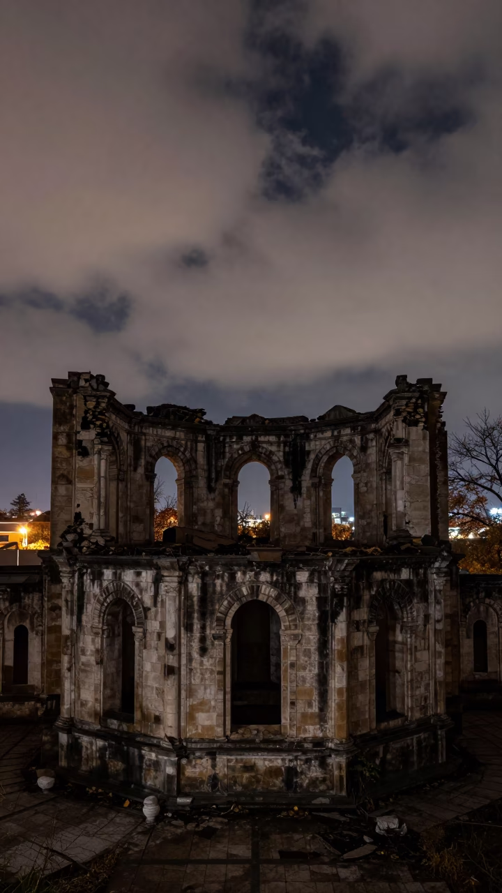 Silhouetted Ottoman Ruin in South Carolina Night in inside a roofless hammam in South Carolina