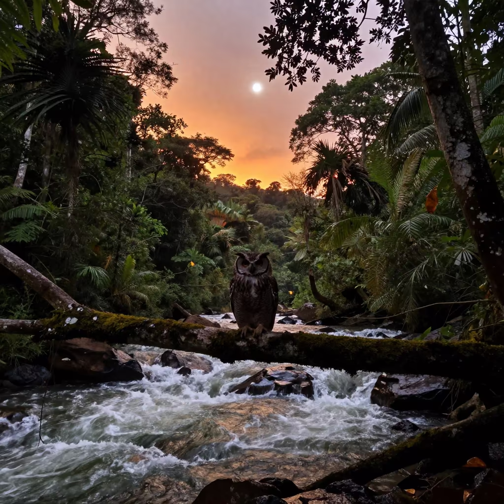 Silhouetted Owl on Branch Over Glacial Stream Brazil in above a glacial stream in Brazil