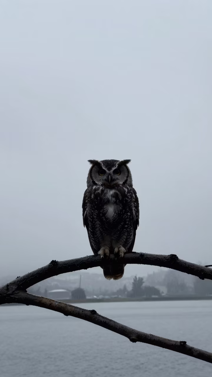Silhouetted Owl on Branch Noon Rain Switzerland in beside a tidal inlet in Switzerland