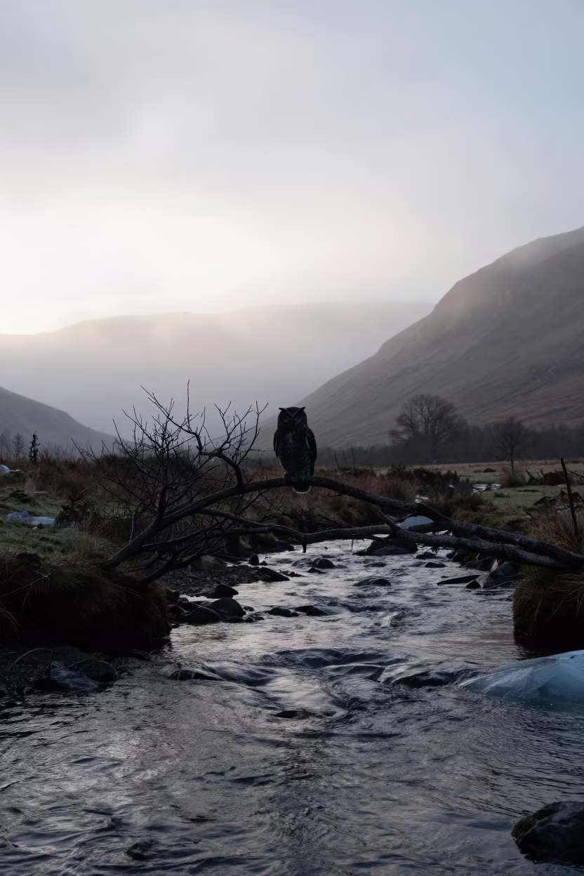 Silhouetted Owl Perched Above Glacial Stream in above a glacial stream in the Lake District