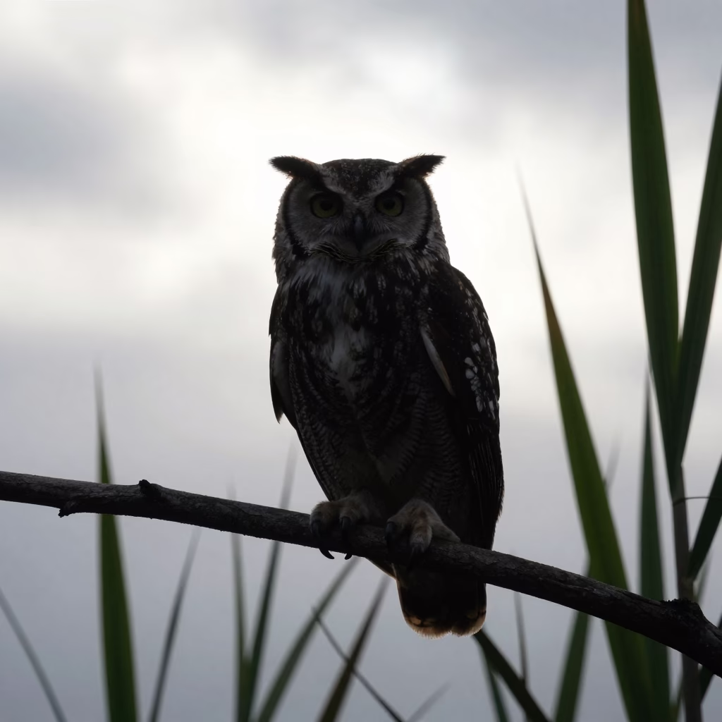 Silhouetted Owl in Monsoon Light Benin Reed Bed in at the edge of a reed bed in Benin