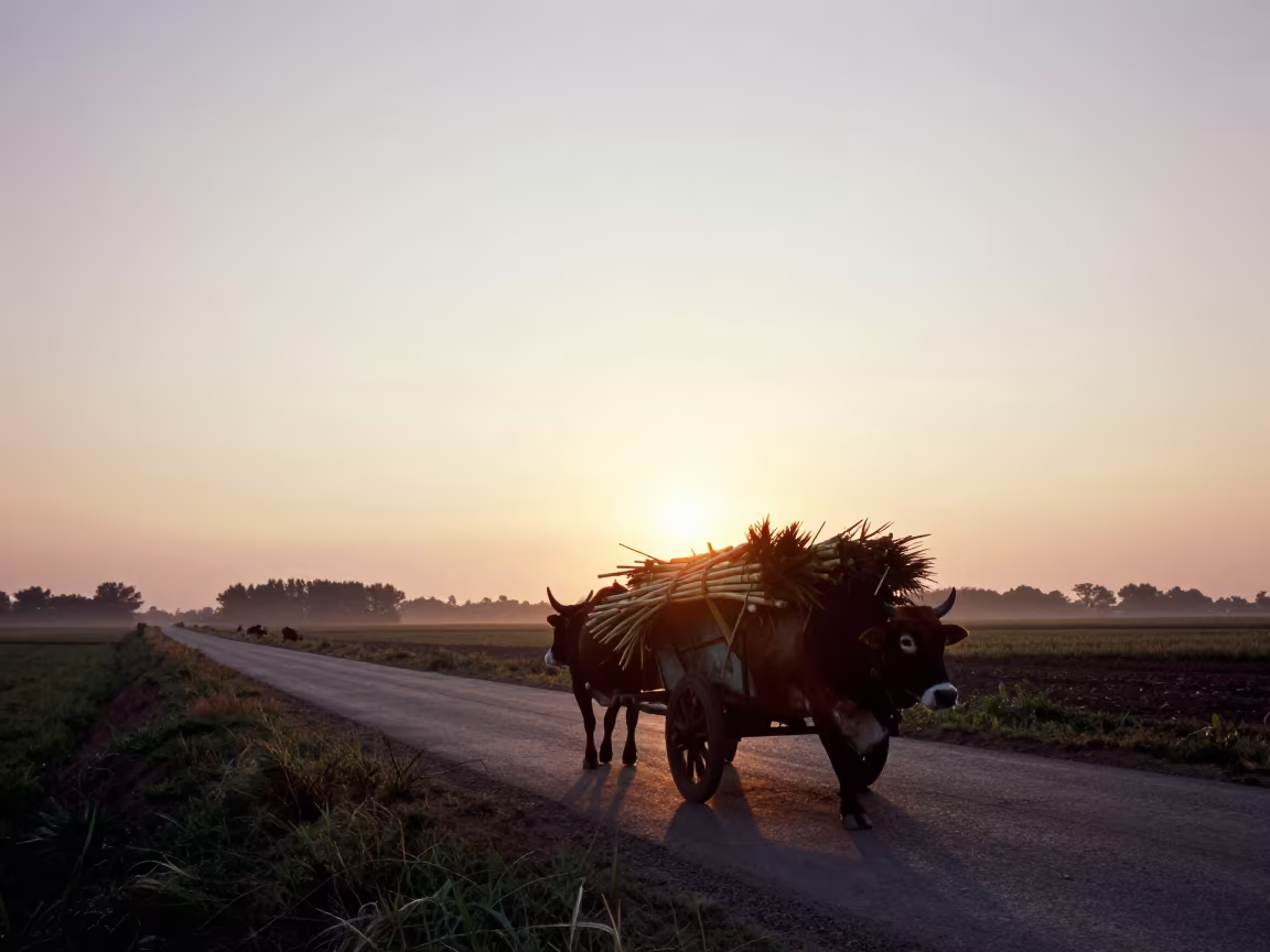 Silhouetted Ox Cart on Cardiff Causeway at Sunset in on a wind-open causeway near Cardiff