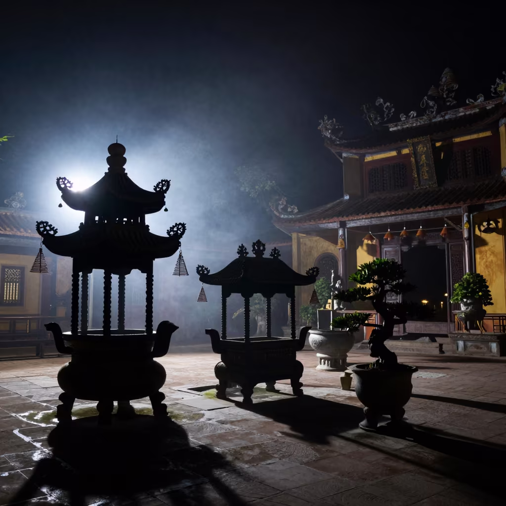 Silhouetted Pagoda Courtyard Night with Incense in at the edge of a sacred pool in Mira-Bhayandar