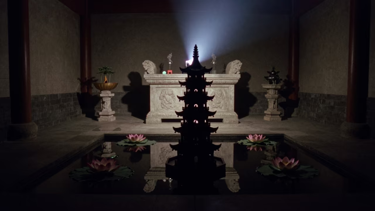Silhouetted Pagoda Reflected in Lotus Pond at Night in at the foot of a stone altar in Narnaul