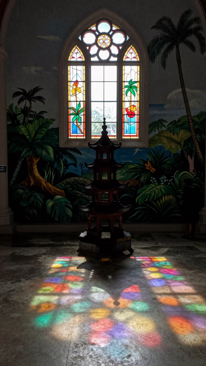 Silhouetted Pagoda in Singapore Chapel Morning Light in in a chapel lit by stained glass in Singapore