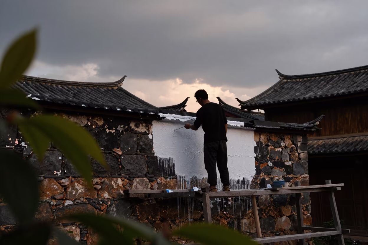 Silhouetted Painter Whitewashing Lijiang Wall in in Lijiang