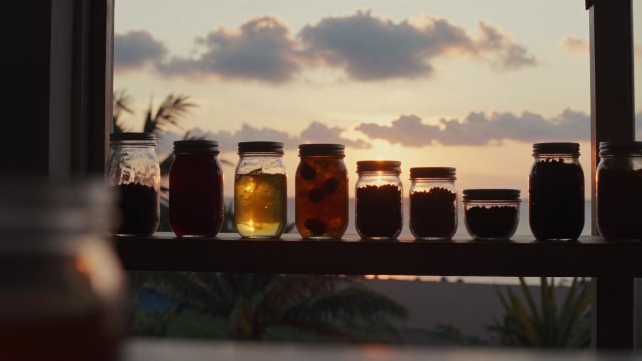 Silhouetted Pantry Shelf with Jars at Sunset in near Jakarta
