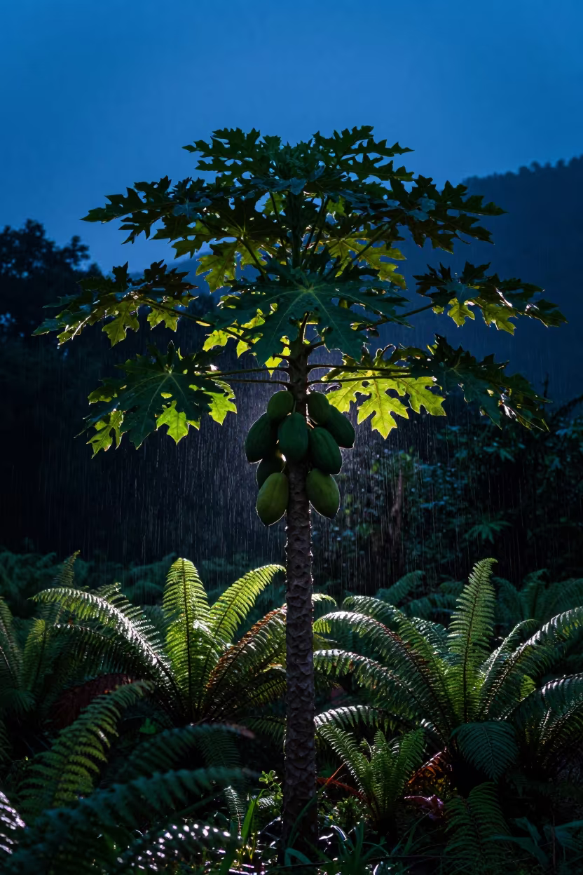 Silhouetted Papaya Tree in Rainy Taiwan Forest in on a fern-lined forest floor in Taiwan