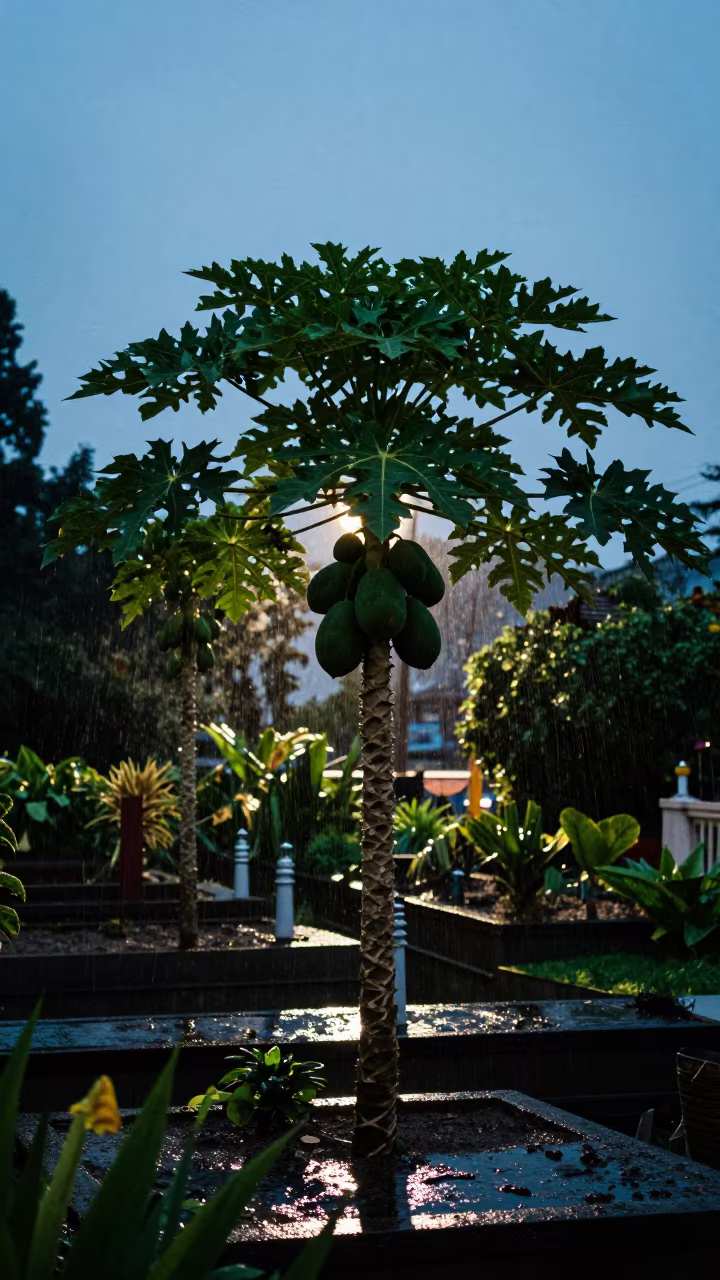 Silhouetted Papaya Tree in Vancouver Twilight in among terraced garden plots near Chinatown, Vancouver