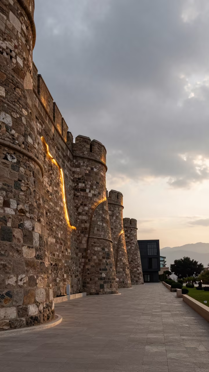 Silhouetted Parametric Museum Against Alanya Fortress in outside a wind-scoured fortress wall in Alanya
