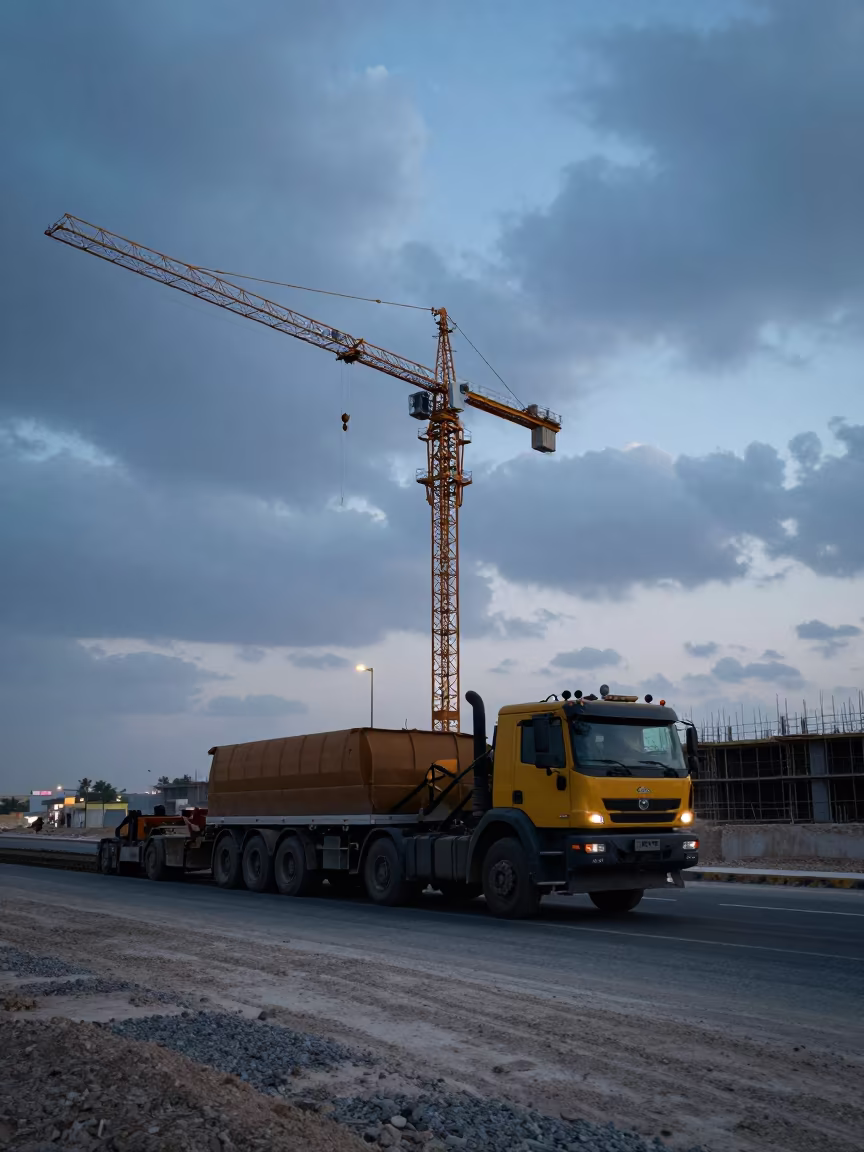 Silhouetted Paving Train Under Tower Crane at Twilight in beneath a tower crane on open ground in Riyadh