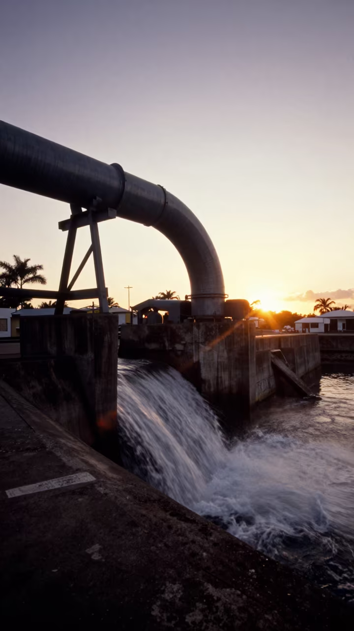 Silhouetted Penstock Bend Over Fiji Spillway in above a spillway chute with spray rising in Fiji