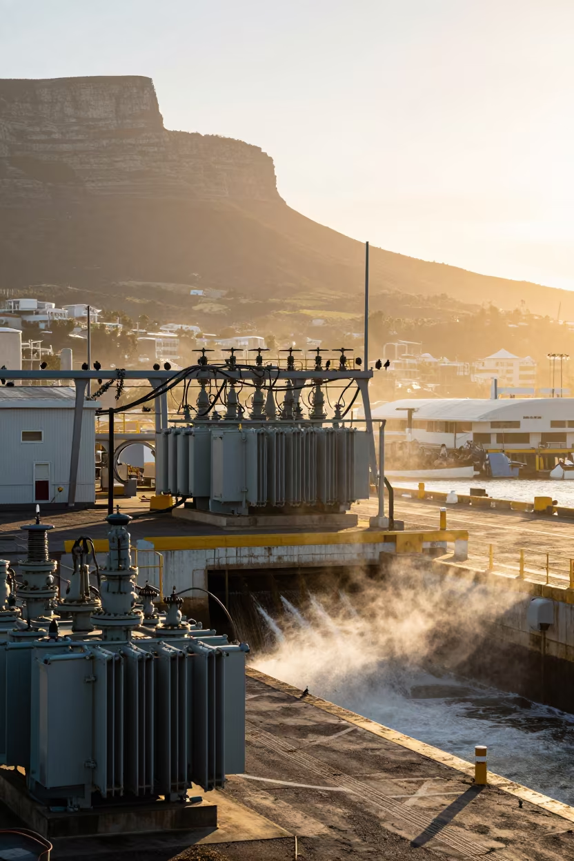 Silhouetted Penstock Valve House Cape Town Harbor in above a spillway chute with spray rising in Cape Town