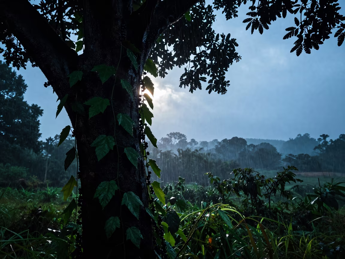 Silhouetted Pepper Vine Climbing Tree in Monsoon Light in near Maseru