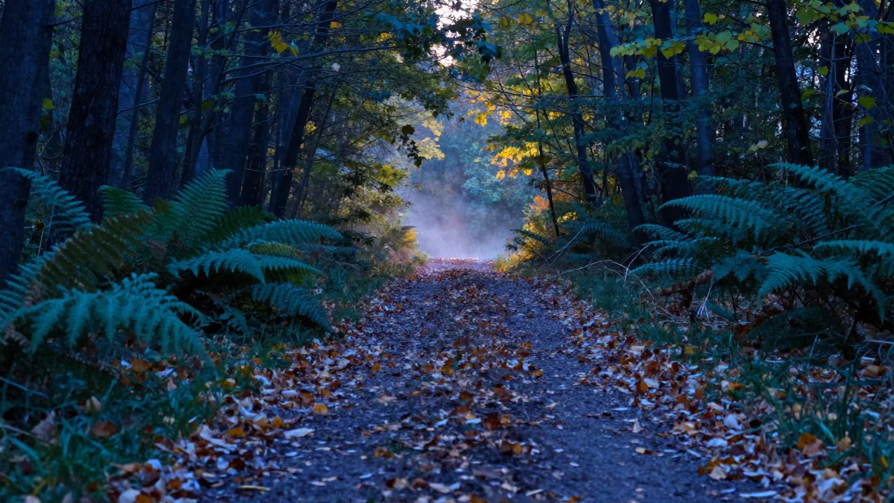 Silhouetted Petals on Fern Path at Blue Hour in on a fern-lined forest floor in Belarus