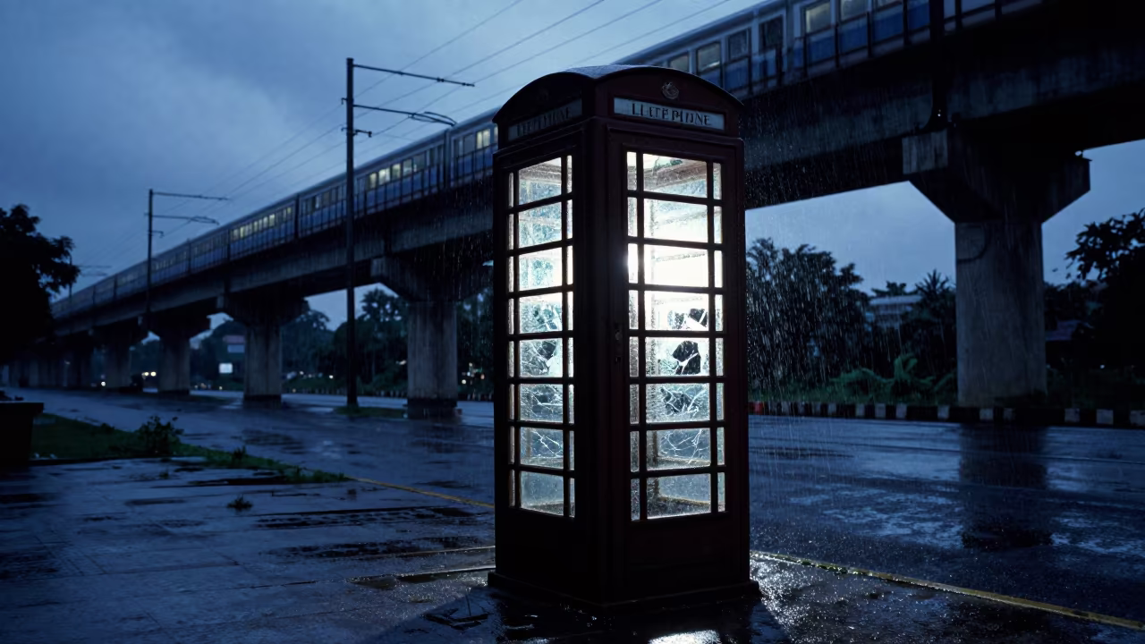 Silhouetted Phone Booth Under Elevated Train in under an elevated train line in Indore