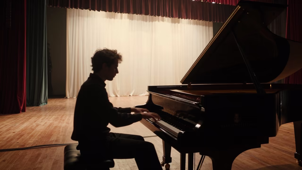 Silhouetted Pianist Hands Moving on Stage in on a dimly lit stage in Mogaung